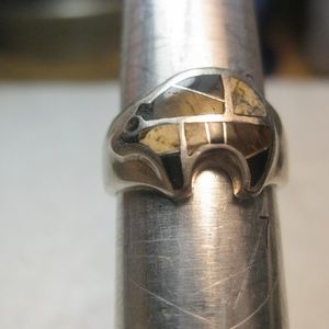 Southwestern Sterling Inlaid Bear Ring, Sz. 6.5